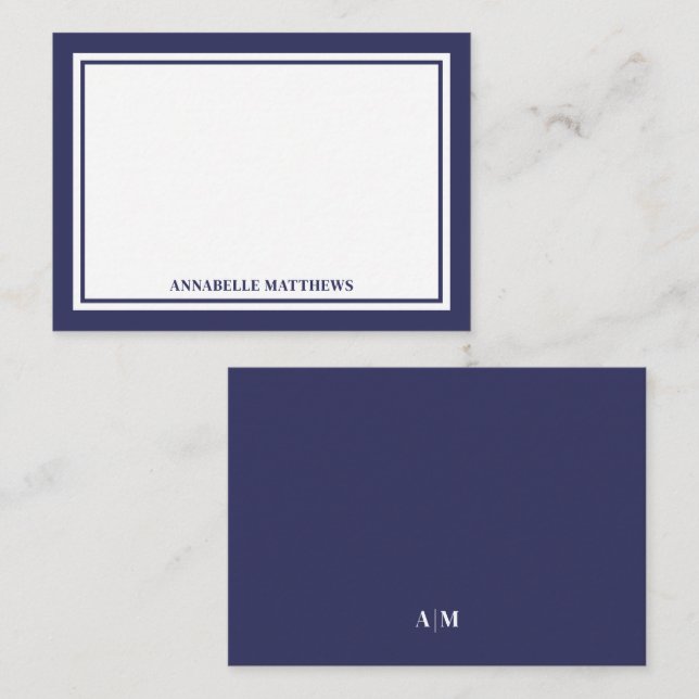Tarjeta Pequeña Minimalist Navy Blue Two Border Monogram (Anverso / Reverso)