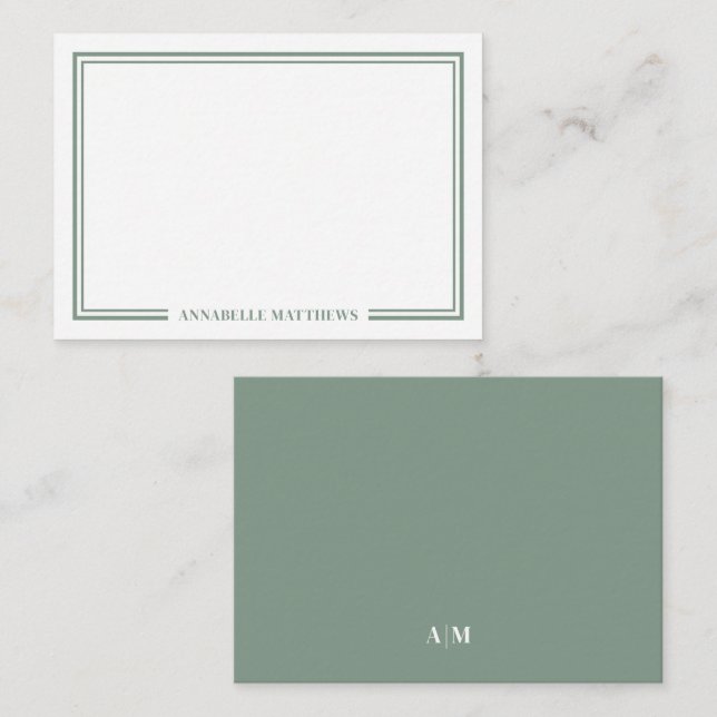 Tarjeta Pequeña Minimalist Sage Green Two Border Monogram (Anverso / Reverso)