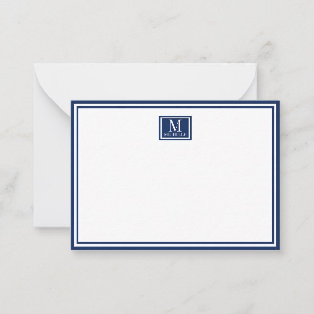 Tarjeta Pequeña Minimalist Two Boarder Monogram Name Navy Blue (Anverso)