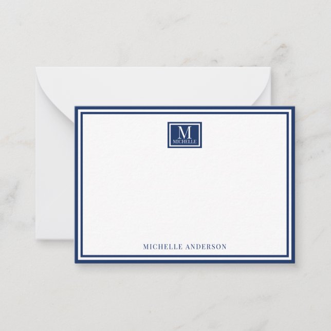 Tarjeta Pequeña Minimalist Two Boarder Monogram Name Navy Blue (Anverso)