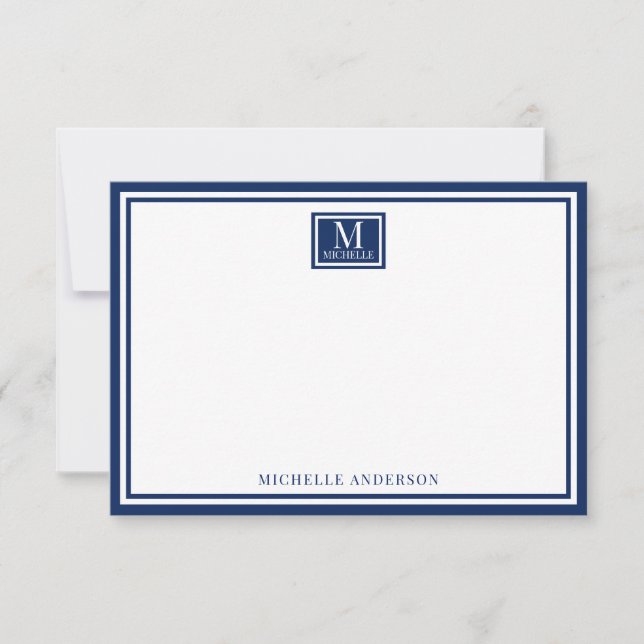 Tarjeta Pequeña Minimalist Two Boarder Monogram Name Navy Blue (Anverso)