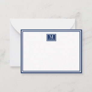 Tarjeta Pequeña Minimalista Monograma de Dos Bordes Nombre Azul Ma