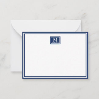 Tarjeta Pequeña Minimalista Monograma de Dos Bordes Nombre Azul Ma