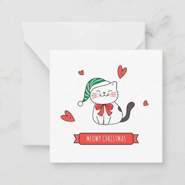 Tarjeta Pequeña Mínimo Gato Kitty Santa Meowy Navidad  (Anverso)