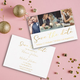 Tarjeta Pequeña moda elegante dorado 3 fotos collage guardar fecha