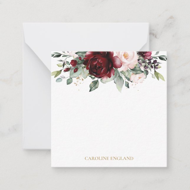 Tarjeta Pequeña Moda Elegante Floral Rubor Rojo Borgoña Rosa (Anverso)