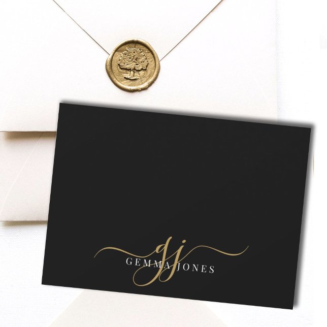 Tarjeta Pequeña Moda Monograma Guión Iniciales Dorado Negro (Subido por el creador)