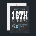 Tarjeta Pequeña Moda presupuestaria 16.º globo azul de cartón de c<br><div class="desc">Invitación a la fiesta de cumpleaños 16º del globo azul blanco de Chalkboard rústico vintage</div>