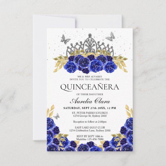 Tarjeta Pequeña Moda presupuestaria Floral Azul Plata Tiara Quince (Anverso)