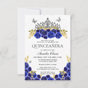 Tarjeta Pequeña Moda presupuestaria Floral Azul Plata Tiara Quince
