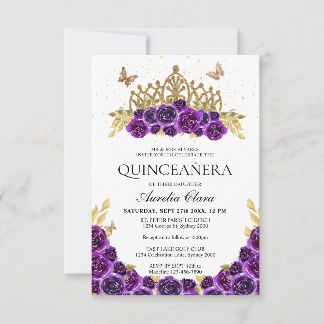 Tarjeta Pequeña MODA PRESUPUESTARIA Morado Floral Oro Tiara Quince (Anverso)