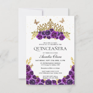 Tarjeta Pequeña MODA PRESUPUESTARIA Morado Floral Oro Tiara Quince