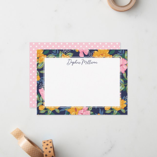 Tarjeta Pequeña Modern Abstract Pink & Yellow Floral Pattern Name (Anverso/Reverso In Situ)
