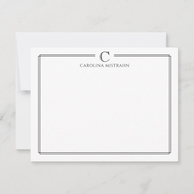 Tarjeta Pequeña Modern Initial Black and White Border Stationery (Anverso)