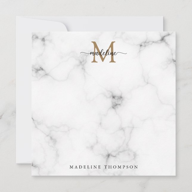 Tarjeta Pequeña Modern Marble Gold Girly Script Monogram Square (Anverso)