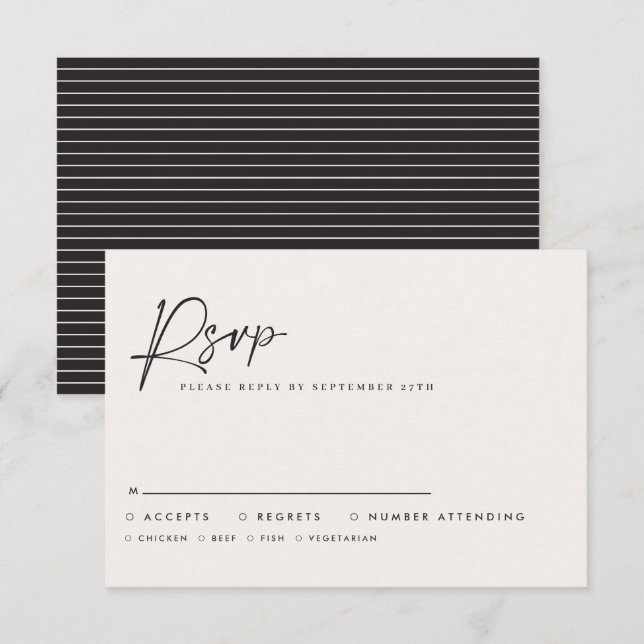 Tarjeta Pequeña Modern Minimal Script Wedding RSVP with Stripe abc (Anverso / Reverso)