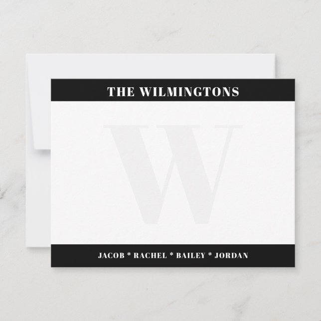 Tarjeta Pequeña Modern Monogram Family Black and White Stationery (Anverso)
