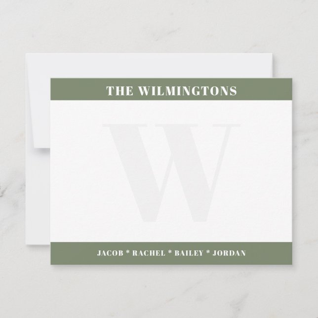 Tarjeta Pequeña Modern Monogram Family Names Sage Green Stationery (Anverso)