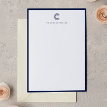 Modern Navy Blue Border Custom Stationery Vertical
