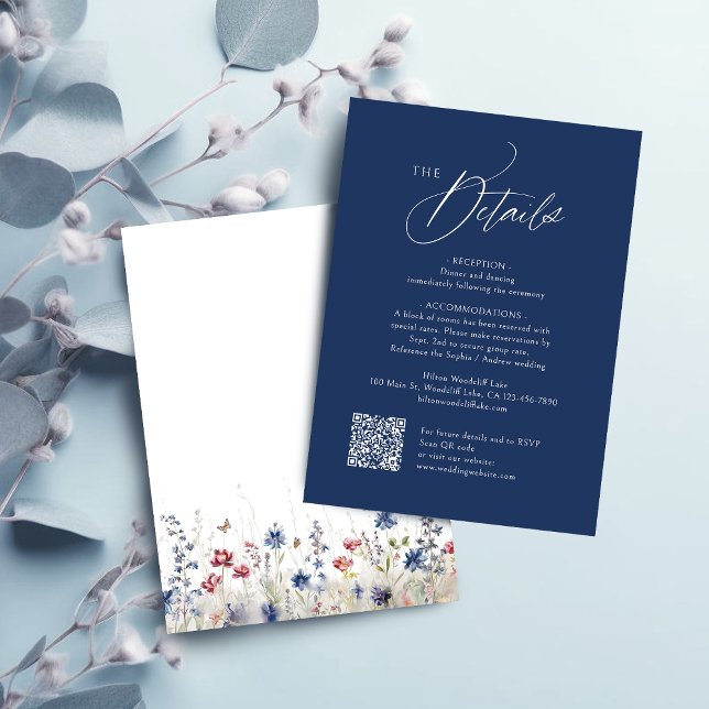 Tarjeta Pequeña Modern Navy Blue Wedding QR Code Details (Modern Navy Blue Wedding QR Code Details Note Card)