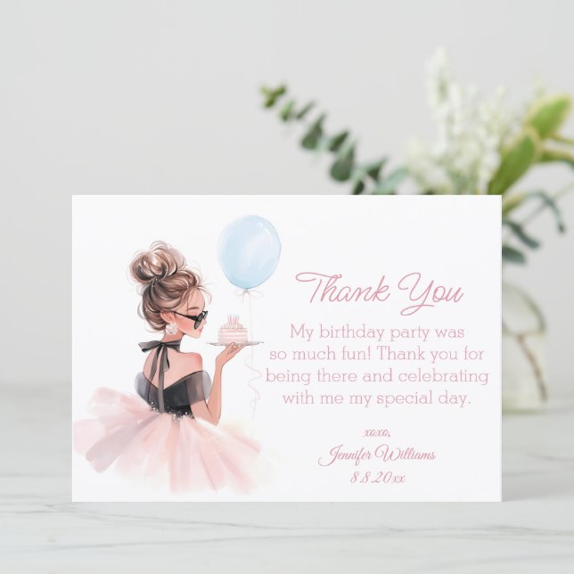 Tarjeta Pequeña Modern Pink Dress Girl’s Birthday Thank You (Anverso de pie)