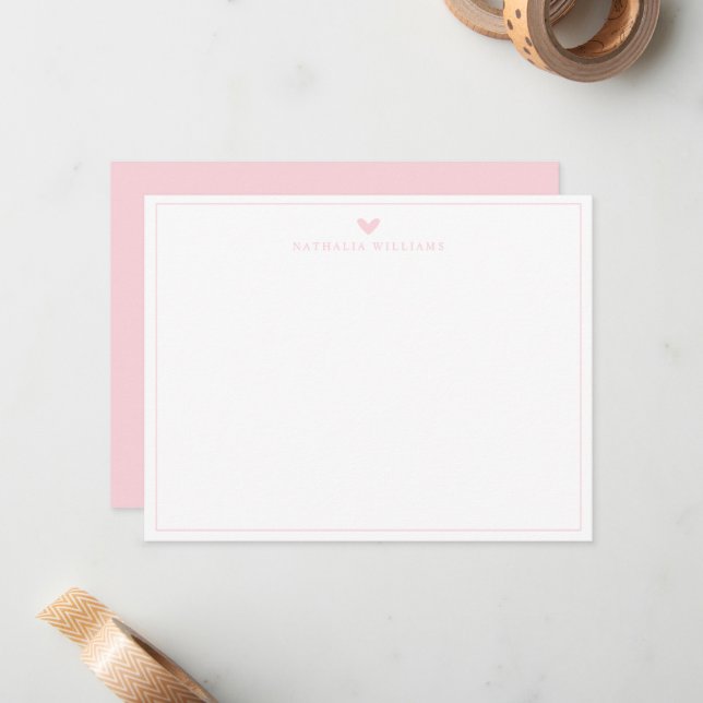 Tarjeta Pequeña Modern Script Pink Heart Border Monogram Note Card (Anverso/Reverso In Situ)