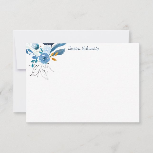 Tarjeta Pequeña Moderna acuarela azul arte floral personalizado (Anverso)