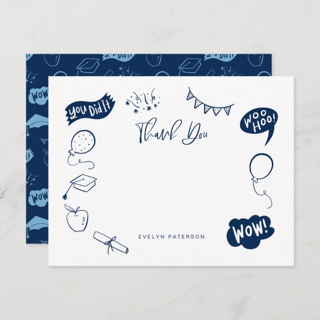 Tarjeta Pequeña Moderna graduación Doodle Navy Blue Gracias (Anverso / Reverso)
