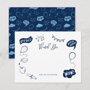 Tarjeta Pequeña Moderna graduación Doodle Navy Blue Gracias