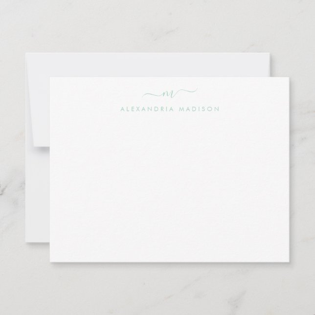 Tarjeta Pequeña Moderna Mint Green Script Monograma Stationery (Anverso)