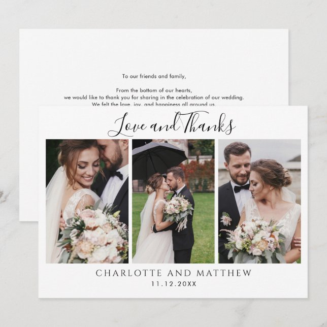 Tarjeta Pequeña Modernas 3 fotos Boda Gracias (Anverso / Reverso)