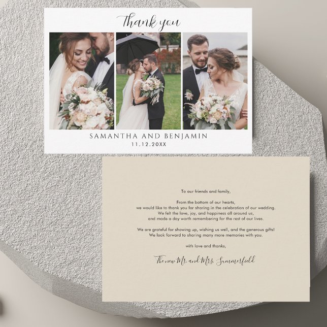 Tarjeta Pequeña Modernas 3 fotos Boda Gracias (Modern 3 Photos Wedding Thank You Note Card)