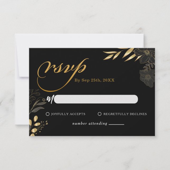 Tarjeta Pequeña Moderno Black Gold Floral Elegant Wedding RSVP (Anverso)