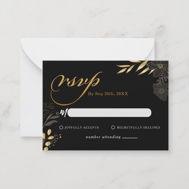Tarjeta Pequeña Moderno Black Gold Floral Elegant Wedding RSVP (Anverso)