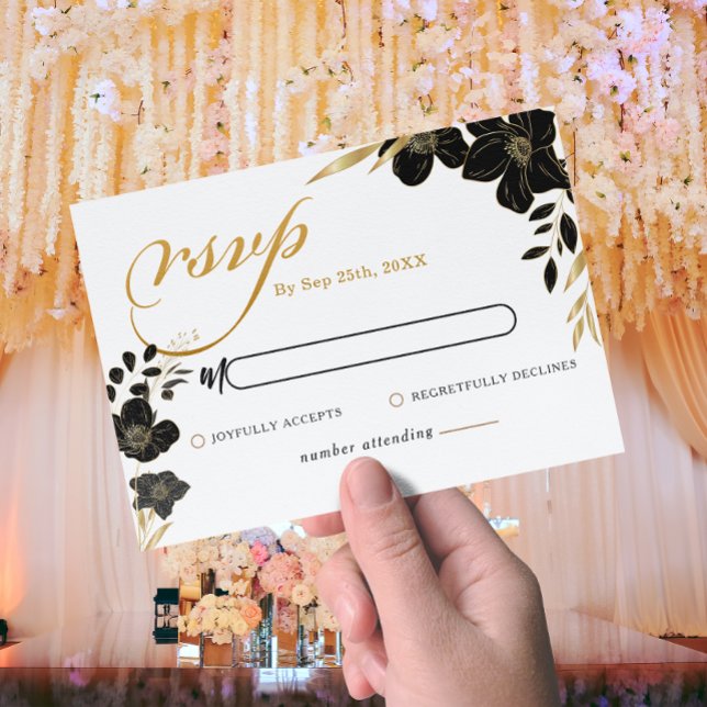 Tarjeta Pequeña Moderno Boda blanco elegante floral de oro negro (Modern Black Gold Floral Elegant White Wedding Note Card)