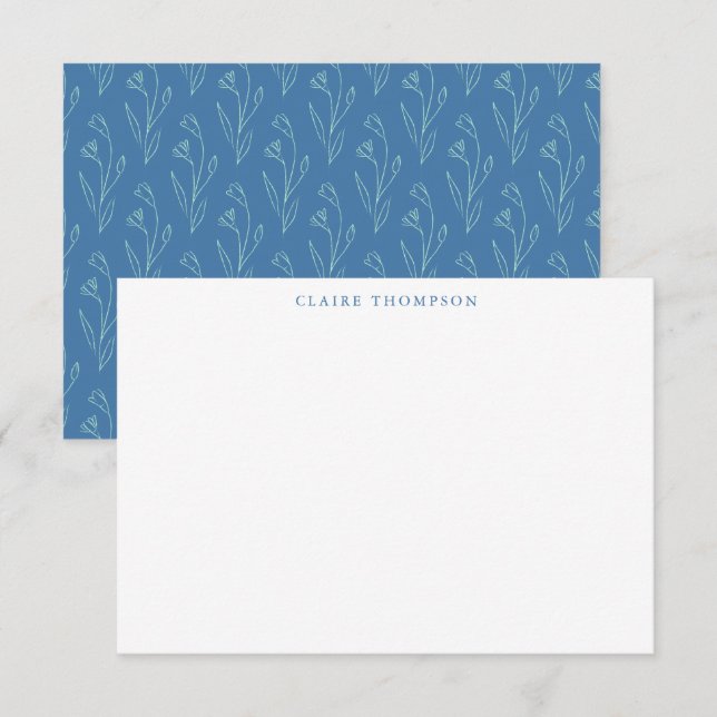 Tarjeta Pequeña Moderno Boho Floral Art Blue Nombre personalizado (Anverso / Reverso)