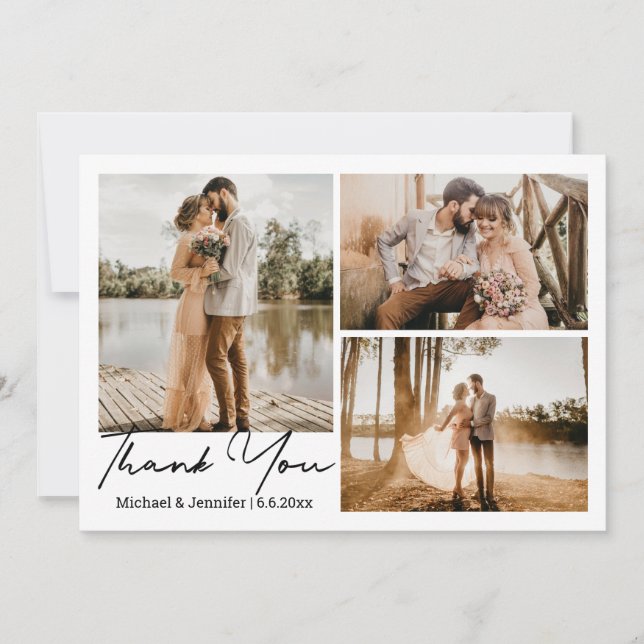 Tarjeta Pequeña moderno collage de 3 fotos de boda con caligrafía  (Anverso)