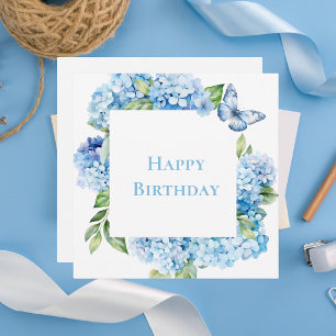 Tarjeta Pequeña Moderno Cumpleaños Feliz Hydrangea Azul Chic