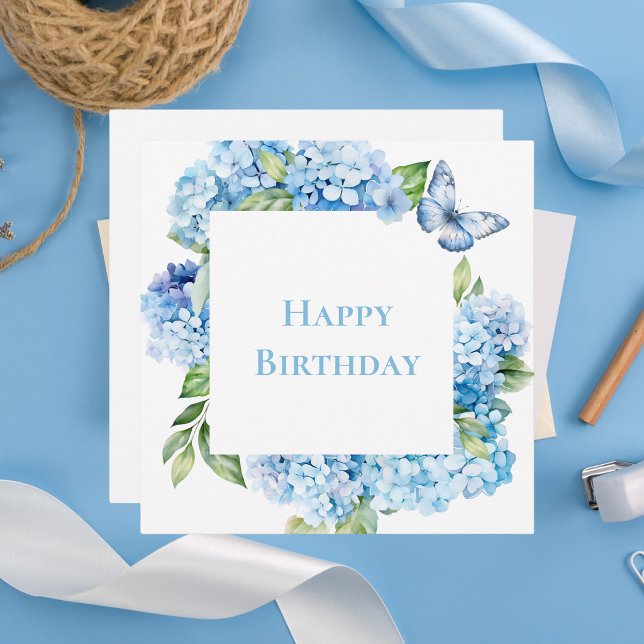 Tarjeta Pequeña Moderno Cumpleaños Feliz Hydrangea Azul Chic (Subido por el creador)