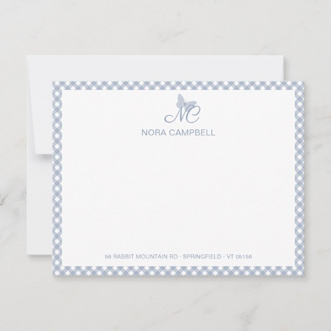 Tarjeta Pequeña Moderno y elegante Monograma Dusty Blue Gingham Ch (Anverso)