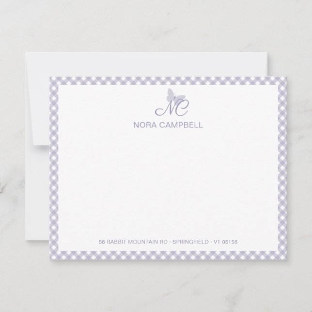 Tarjeta Pequeña Moderno y elegante Monograma Lavender Gingham Cheq (Anverso)