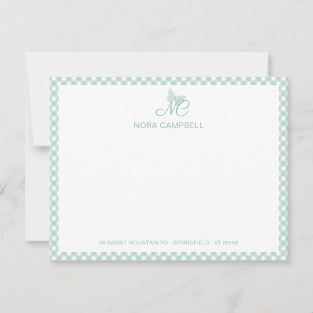Tarjeta Pequeña Moderno y elegante Monograma Mint Green Gingham Ch (Anverso)