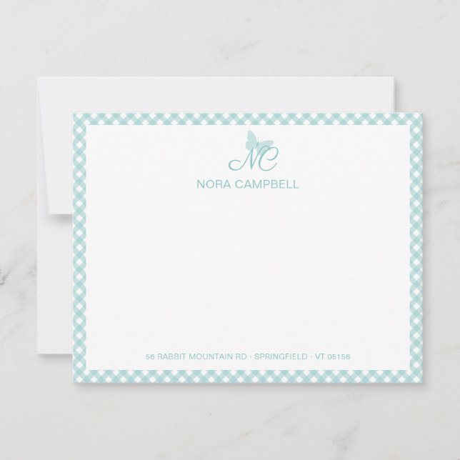 Tarjeta Pequeña Moderno y elegante Monograma Turquoise Gingham Che (Anverso)