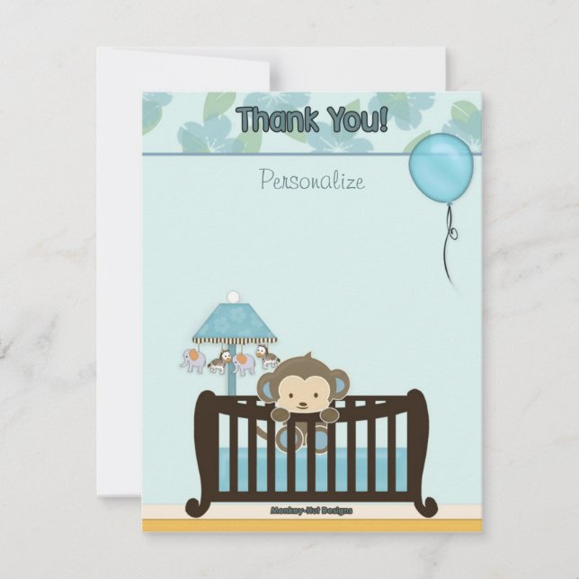 Tarjeta Pequeña Monkey Baby Shower FLAT#1 Gracias AZUL (Anverso)