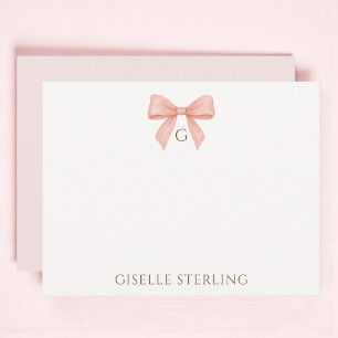 Tarjeta Pequeña Monograma acuarela de lazo rosa Preppy Blush