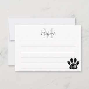 Tarjeta Pequeña Monograma alineado K-9 de pata de perro con estilo