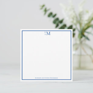Tarjeta Pequeña Monograma Azul Blanco Pareja Boda Elegante