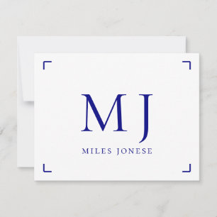 Tarjeta Pequeña Monograma azul de la marina moderna minimalista