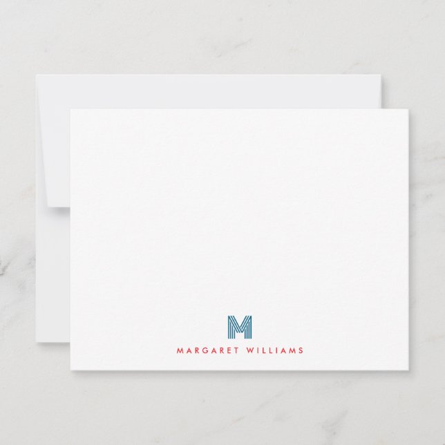 Tarjeta Pequeña Monograma azul rojo moderno Art Deco personalizado (Anverso)