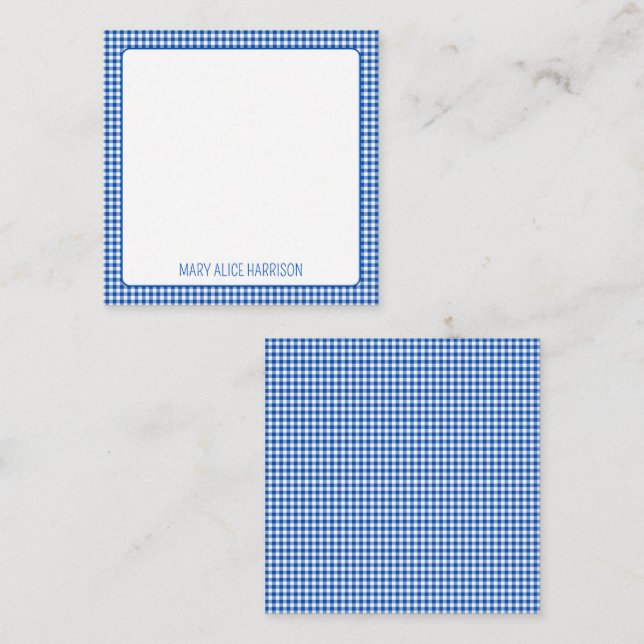 Tarjeta Pequeña Monograma azul y blanco de Gingham Plaid (Anverso / Reverso)